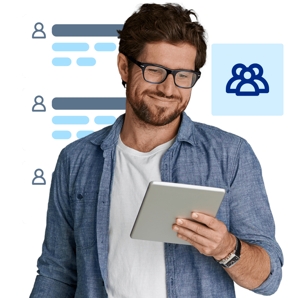 Man looking at tablet and smiling