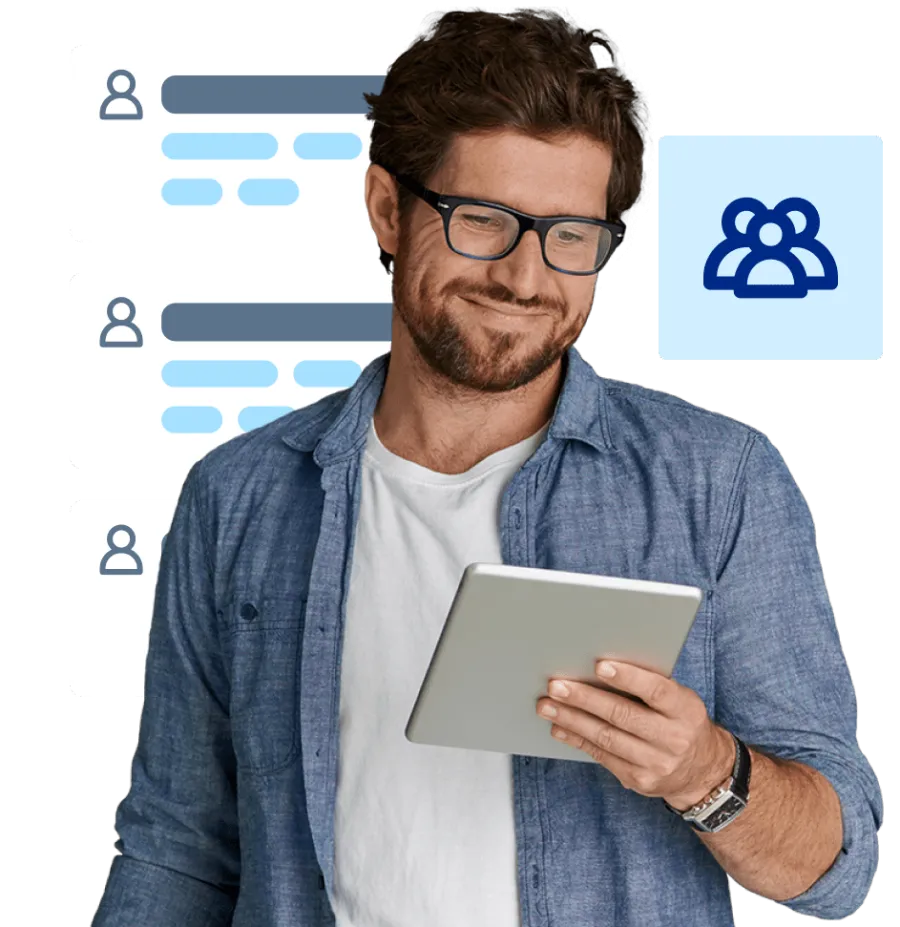 Man looking at tablet and smiling